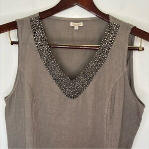 Lina Tomei Sleeveless Linen Dress Women's Large Taupe Beaded Pockets Made Italy